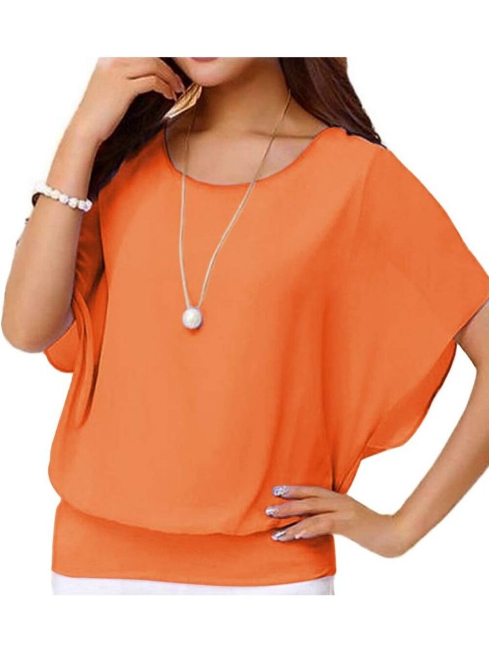 Women's Orange Elegant Loose Casual Short Sleeve Chiffon Top T Shirt Blouses